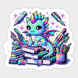 Kawaii Holographic Baby Dragon on Books Chibi Anime Sticker